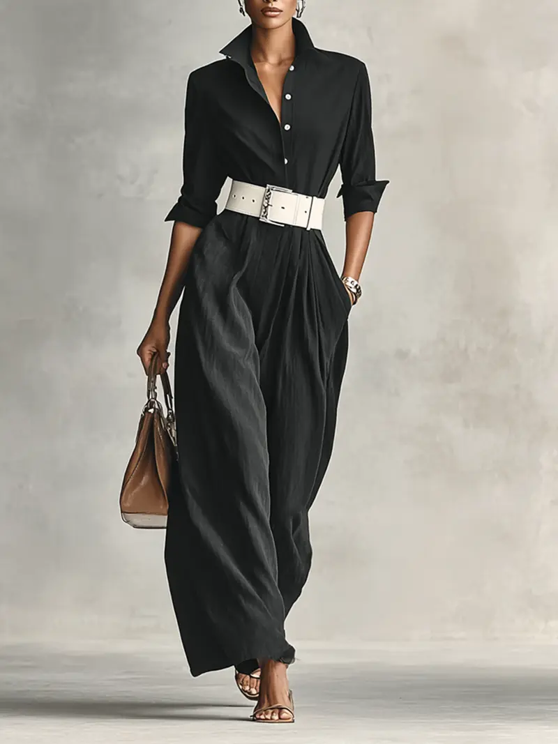 Mirabelle™ | Lapel Long Sleeve Belted Jumpsuit