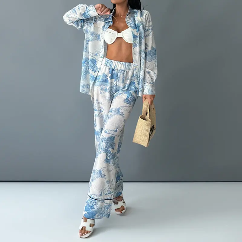 Miranda | Damski 2-częściowy komplet ze spodniami i koszulą zapinaną na guziki
