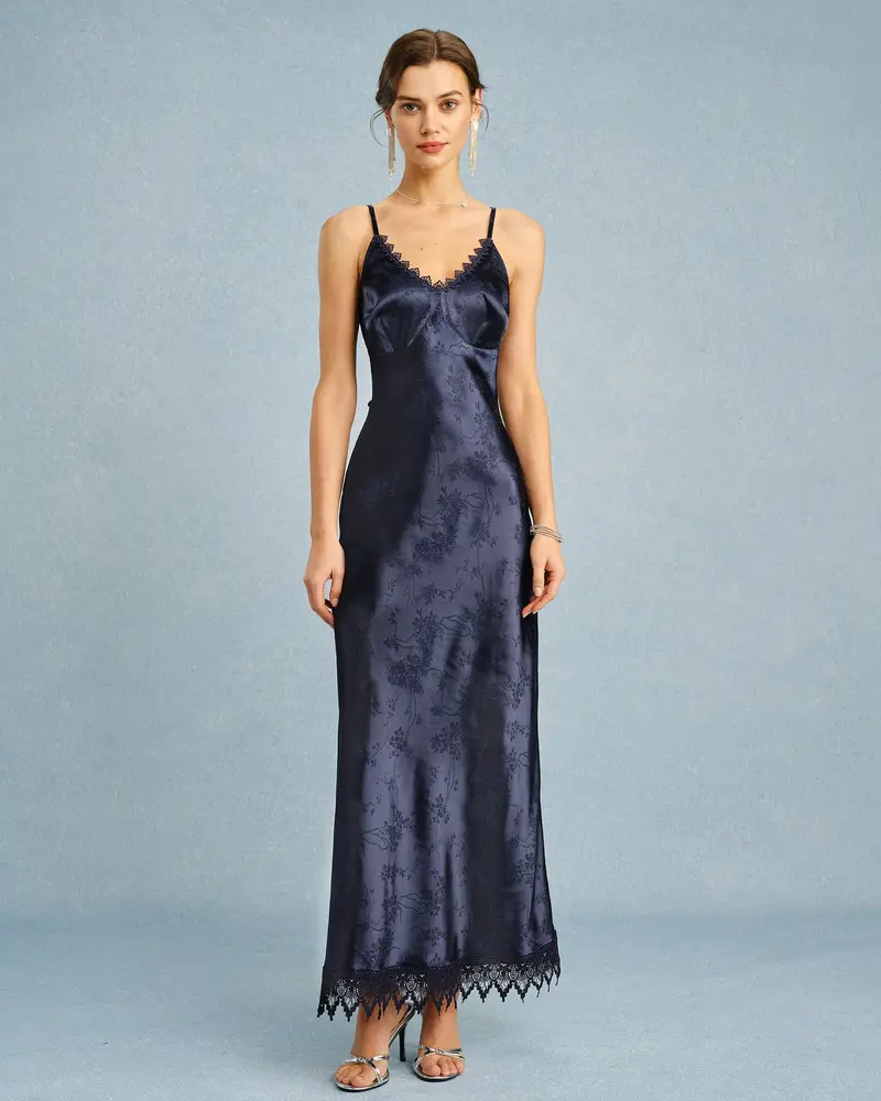 Navy Jacquard Lace Slip Maxi Dress
