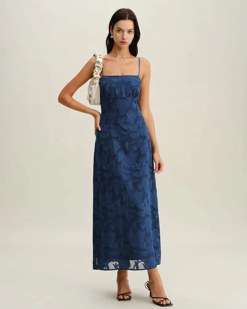 Navy Jacquard Slip Backless Maxi Dress