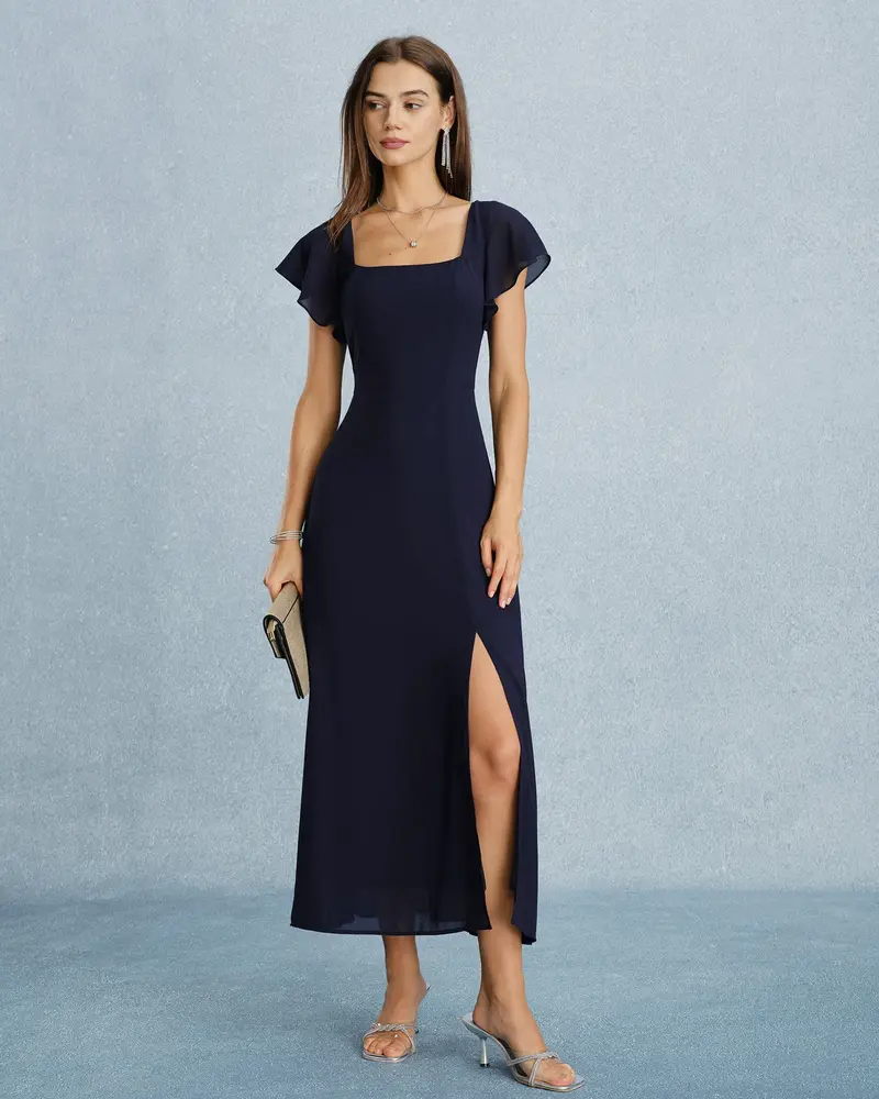 Navy Square Neck Slit Chiffon Maxi Dress