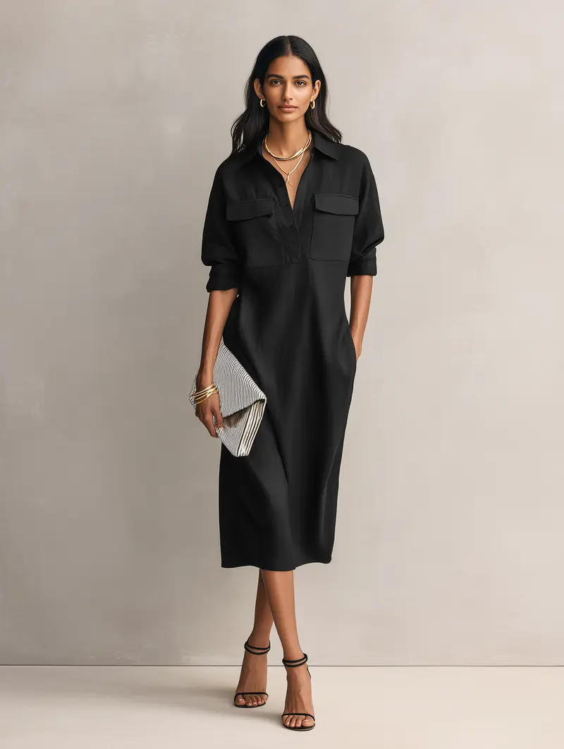 Ngaire™ | Black Cotton-Linen Blend Midi Dress