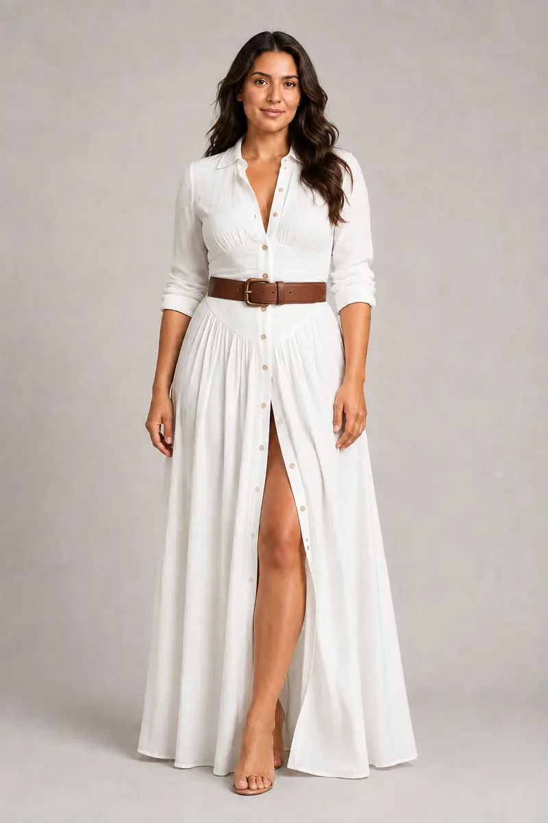 Notched-Collar Pleated Maxi Dress