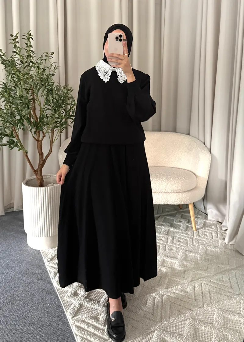 NOUR LACE KNIT SET BLACK