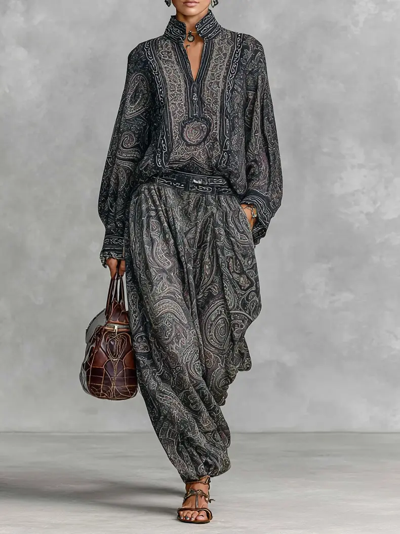 Novelle™ | Vintage Paisley Print Shirt & Trousers Two-piece Set