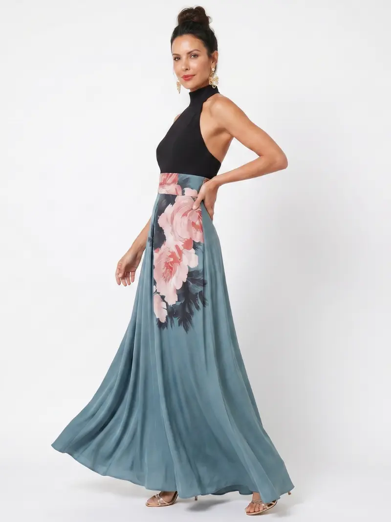 Olympas | Halter Bodice Floral Skirt Maxi Kleid