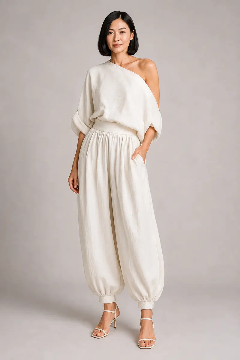 One-Shoulder Draped Trouser Set