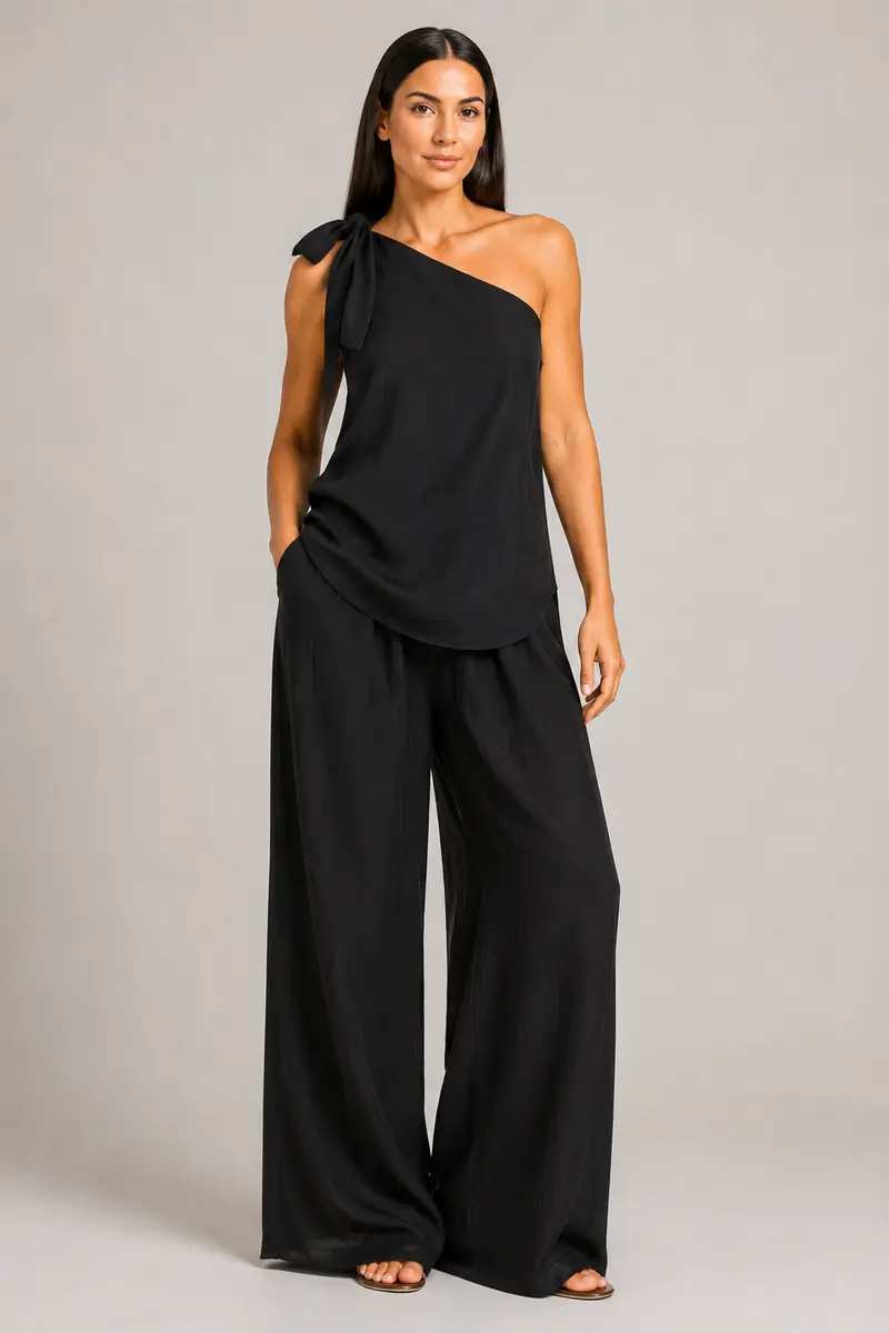 One-Shoulder Wide-Leg Trouser Set