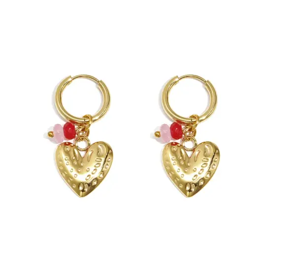 Oorbellen - Stainless steel goud met gouden hart en kralen