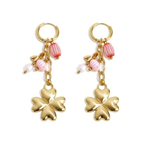 Oorbellen - Stainless steel goud met klaver en roze kralen