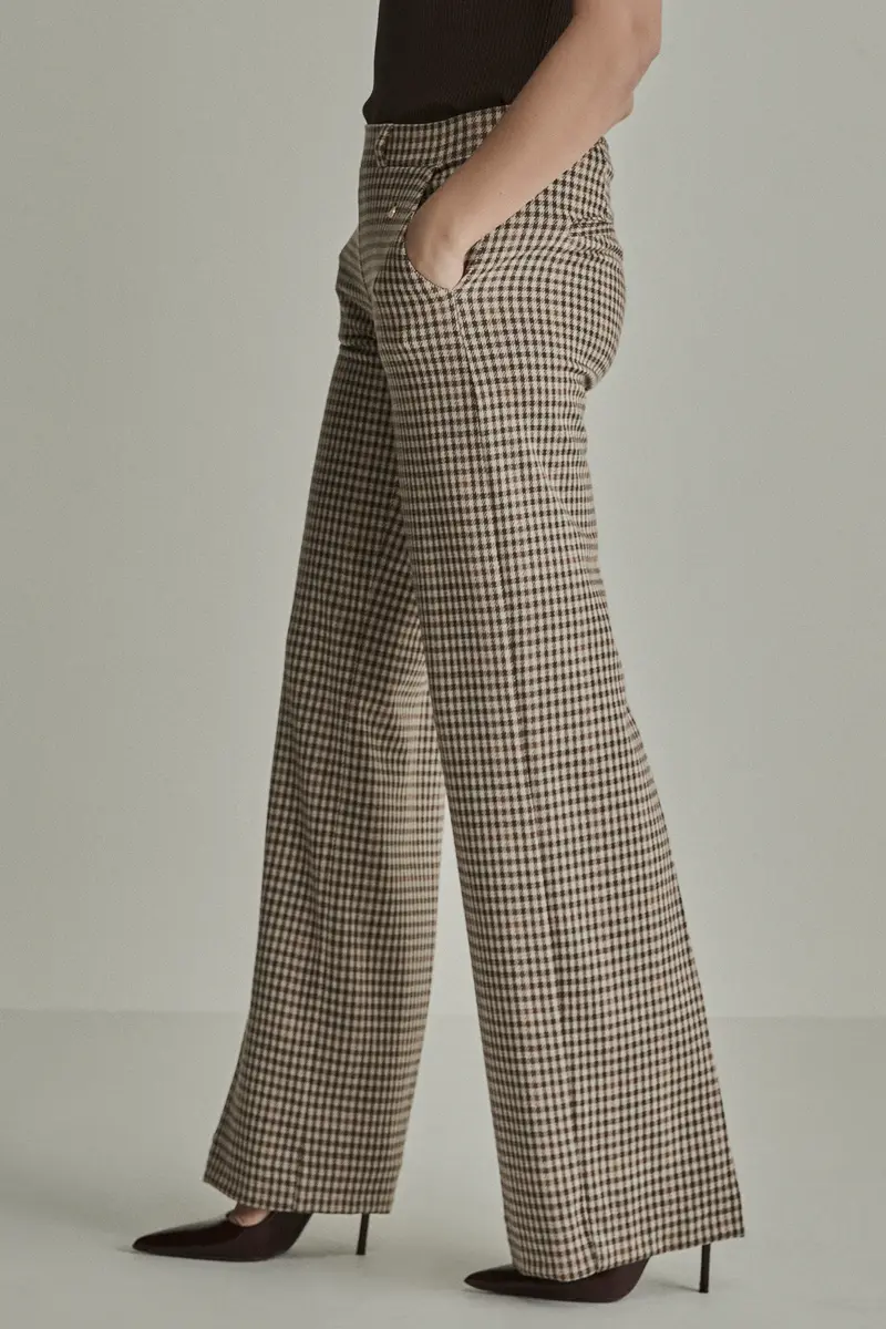 Para Mi broek bruin pied de poule zandkleur model Mira elastic check camel knitted jacquards