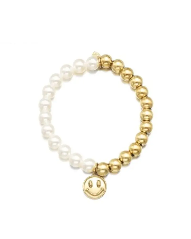 Parel & Goud Armband met Smiley Bedel – Stainless Steel