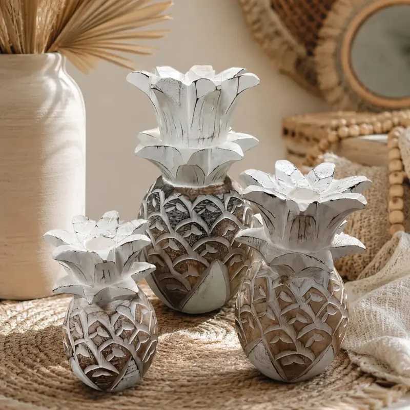 Pineapple Kandelaar Set - Handgemaakt Bali Craft - Wit & Naturel - S / M / L