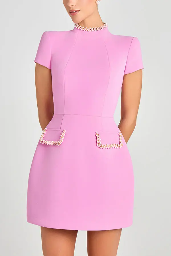 Pink Fitted Dress with Pearl Trim