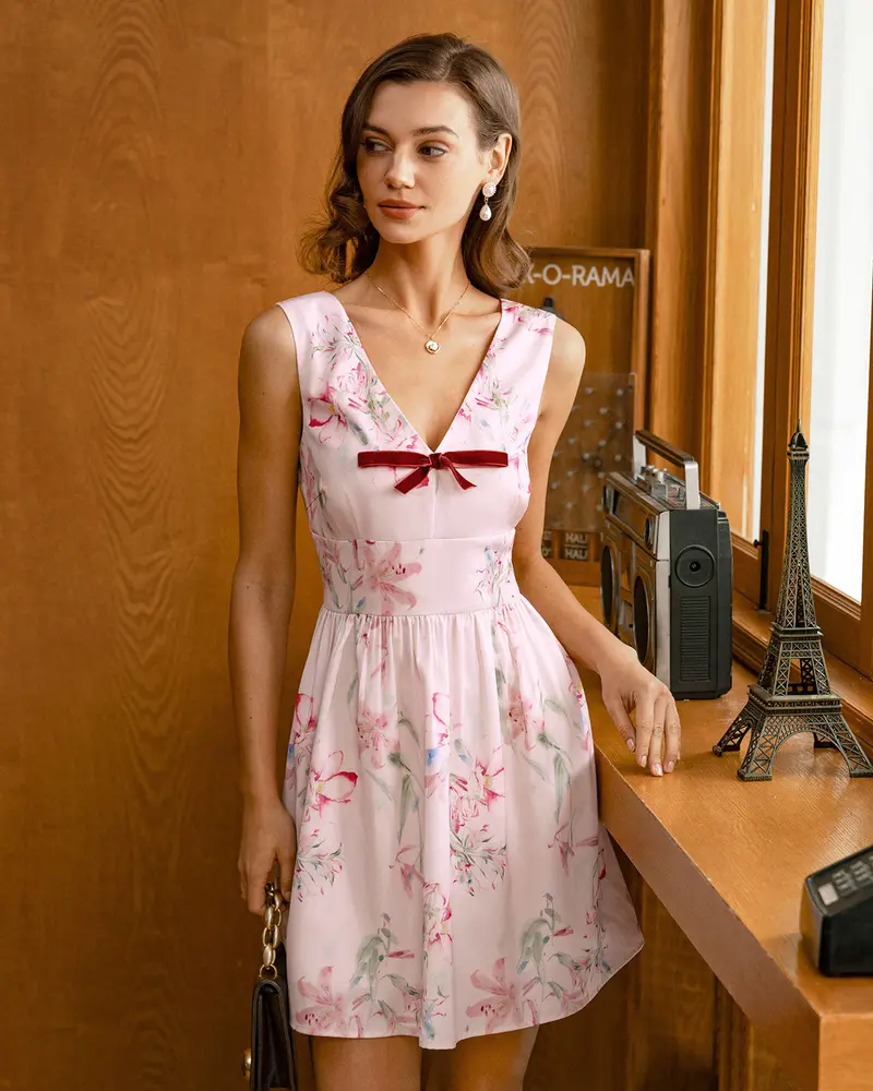 Pink Floral Bowknot Sleeveless Mini Dress