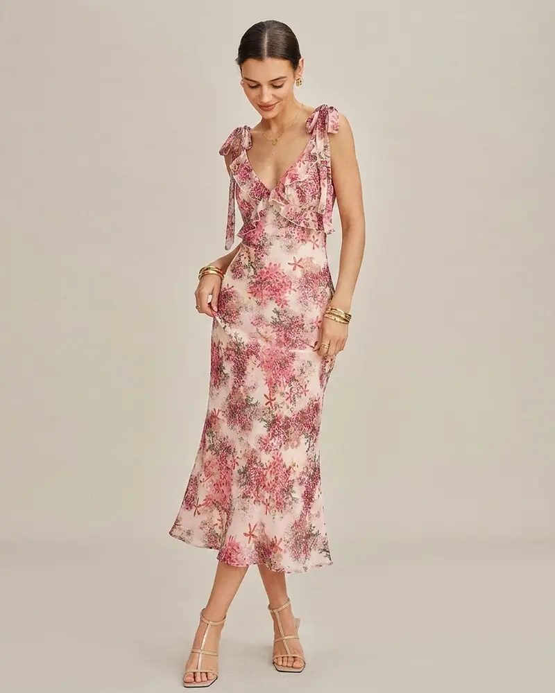 Pink Floral Ruffle Tie Strap Midi Dress