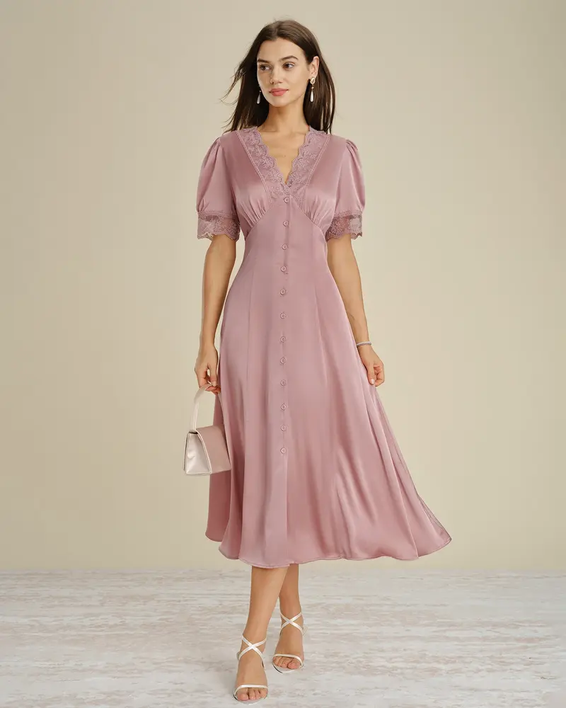 Pink Lace Splicing Satin Midi Dress