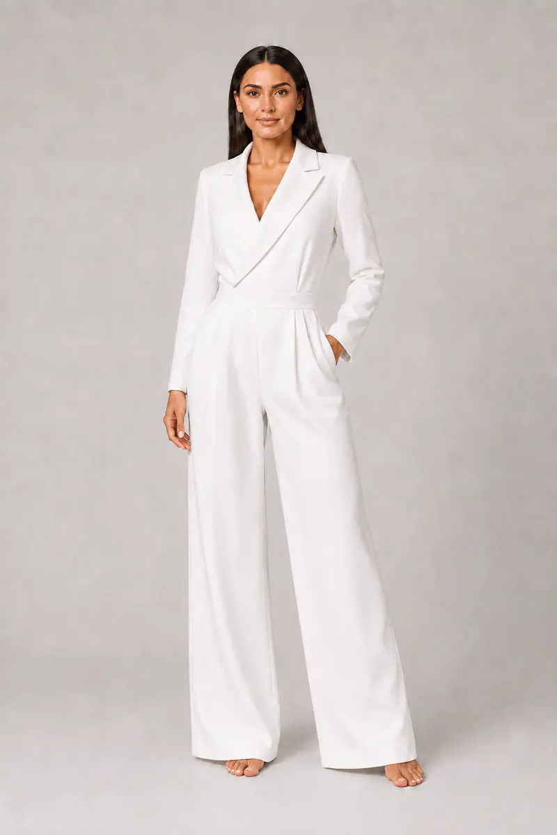 Pleated Blazer-Style Wide-Leg Jumpsuit