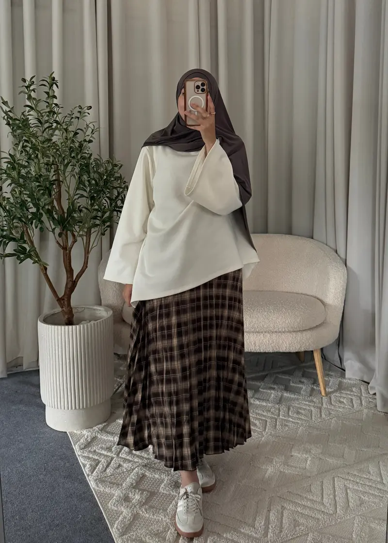 PLEATED CHECK SKIRT BROWN