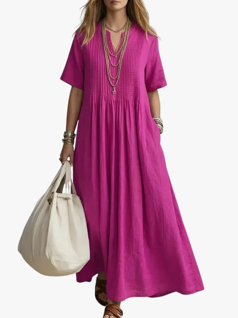 PLEATED LINEN BLEND DRESS FOR WOMEN
