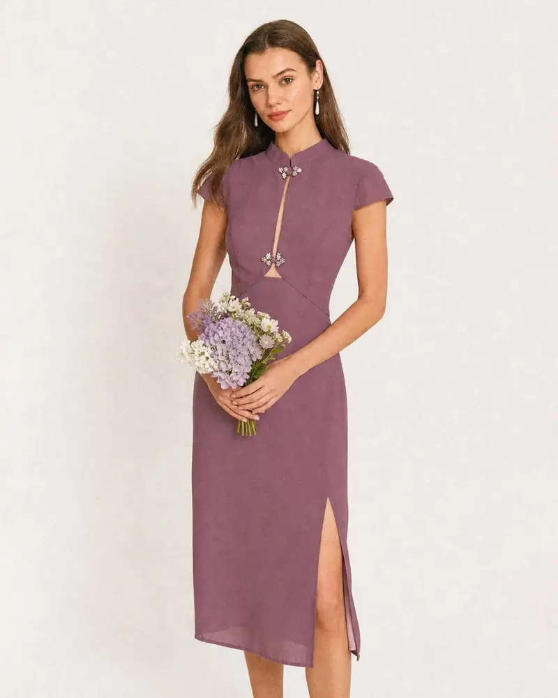 Purple Mandarin Collar Chiffon Midi Dress
