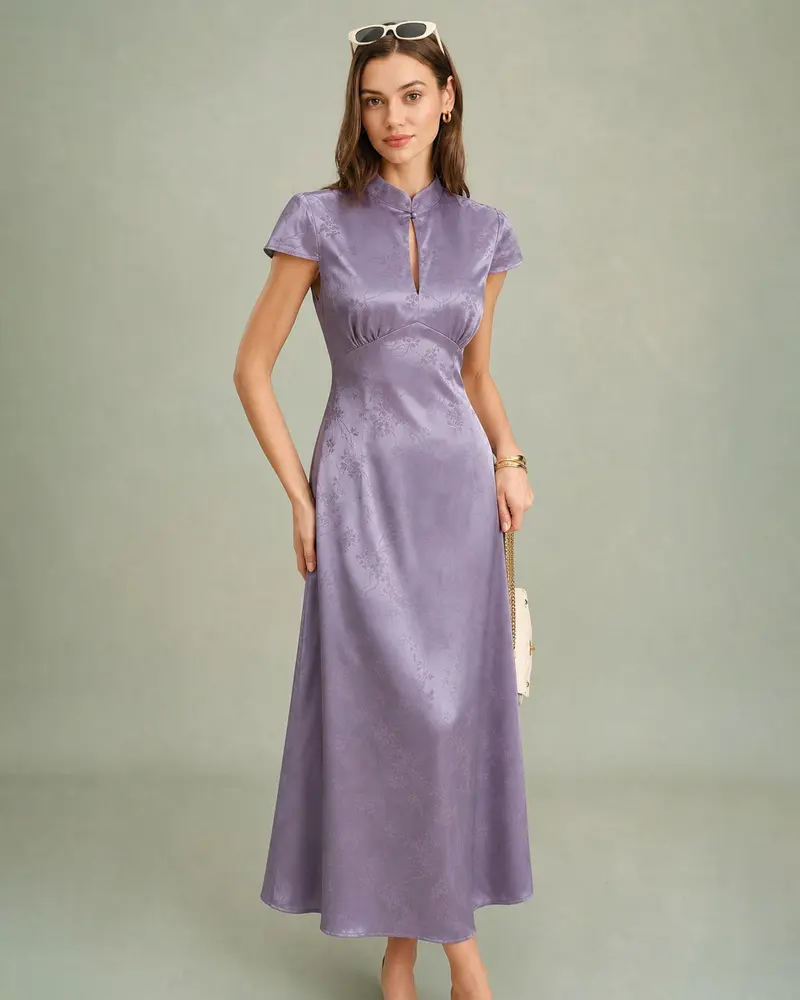 Purple Mandarin Collar Slit Satin Maxi Dress