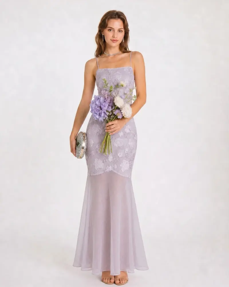 Purple Sequins Jacquard Slip Maxi Dress