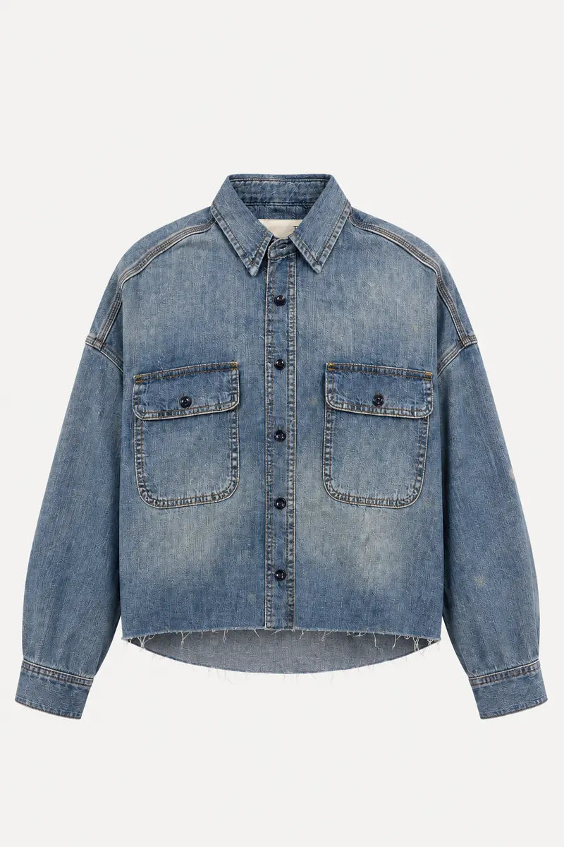 R13 - Blouse - Cropped Denim Shirt -  Brindley