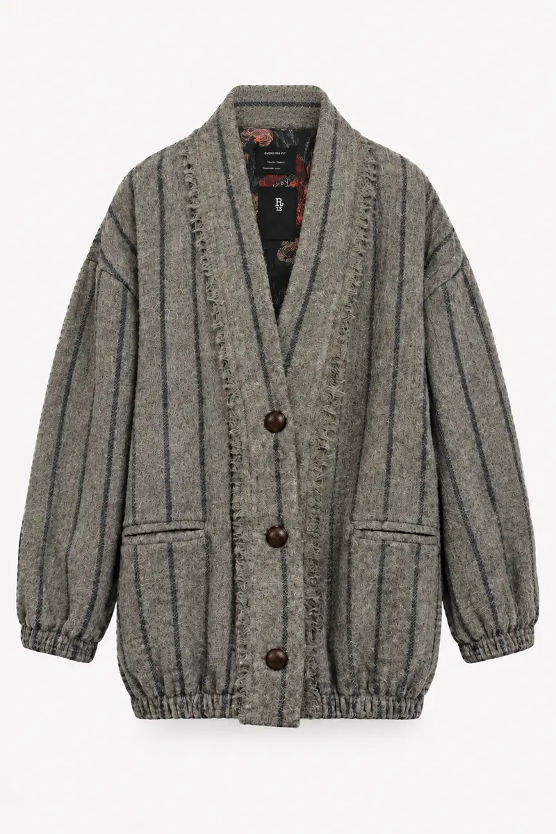 R13 - Vest - Padded Woven Cardigan - Grey Navy Stripe