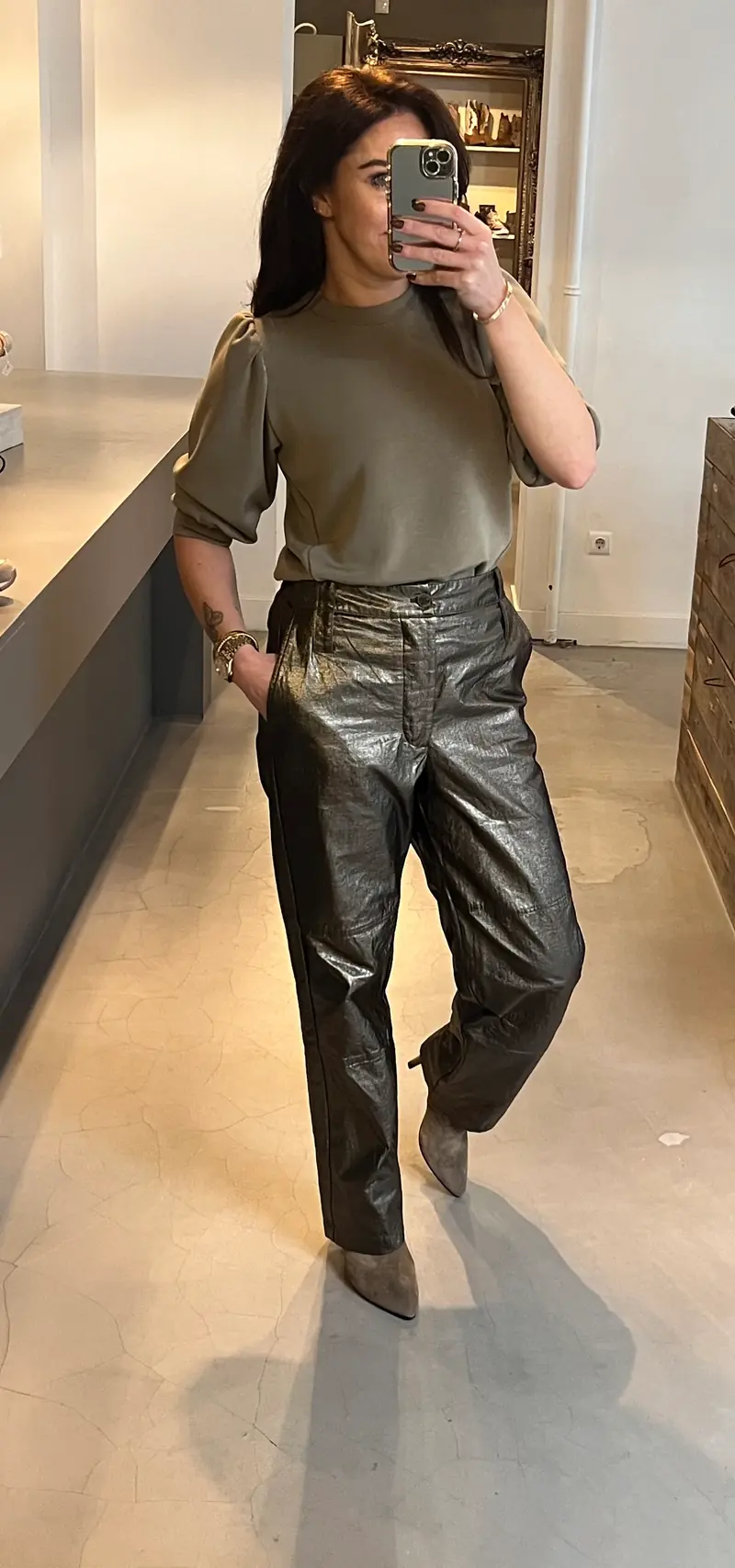 Rabens Saloner fresia foiled ripstop military pants metallic olive