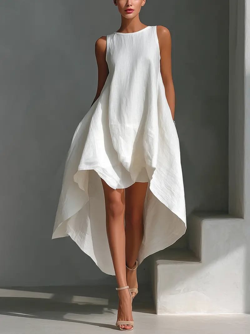 Rangi™ | White Linen Sleeveless Midi Dress With Round Neck