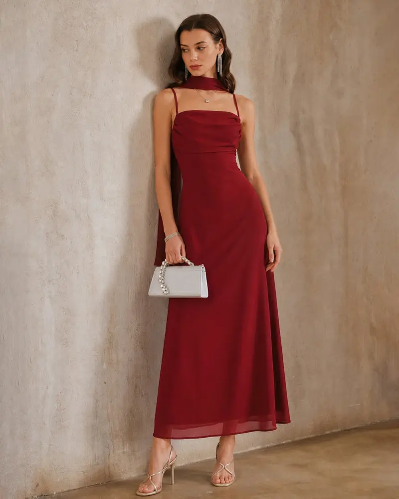 Red Backless Slit Chiffon Maxi Dress