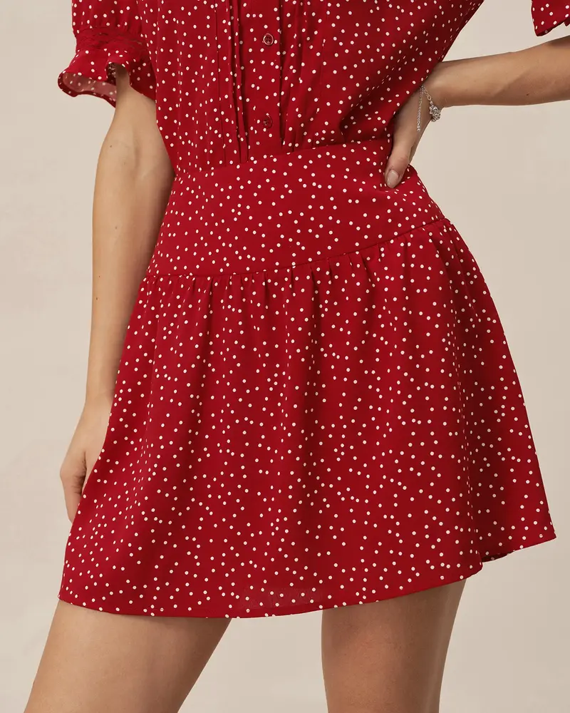 Red Polka Dot Ruched Mini Skirt