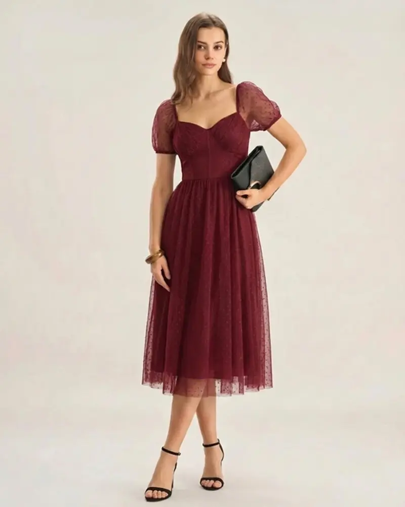 Red Sweetheart Neck Polka Dot Midi Dress
