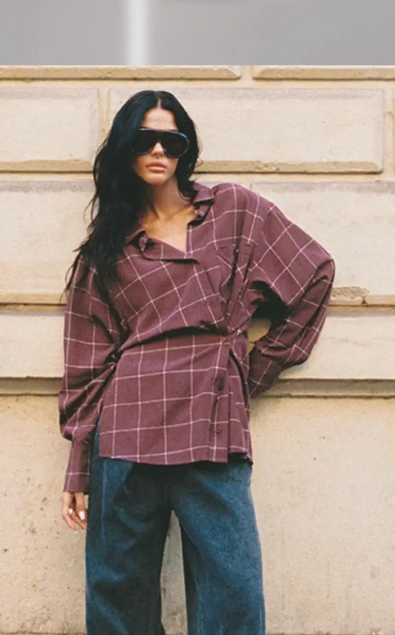 Refined Department blouse ruit bordeaux plum model ladies woven check shoulder pads NAROR2609963084