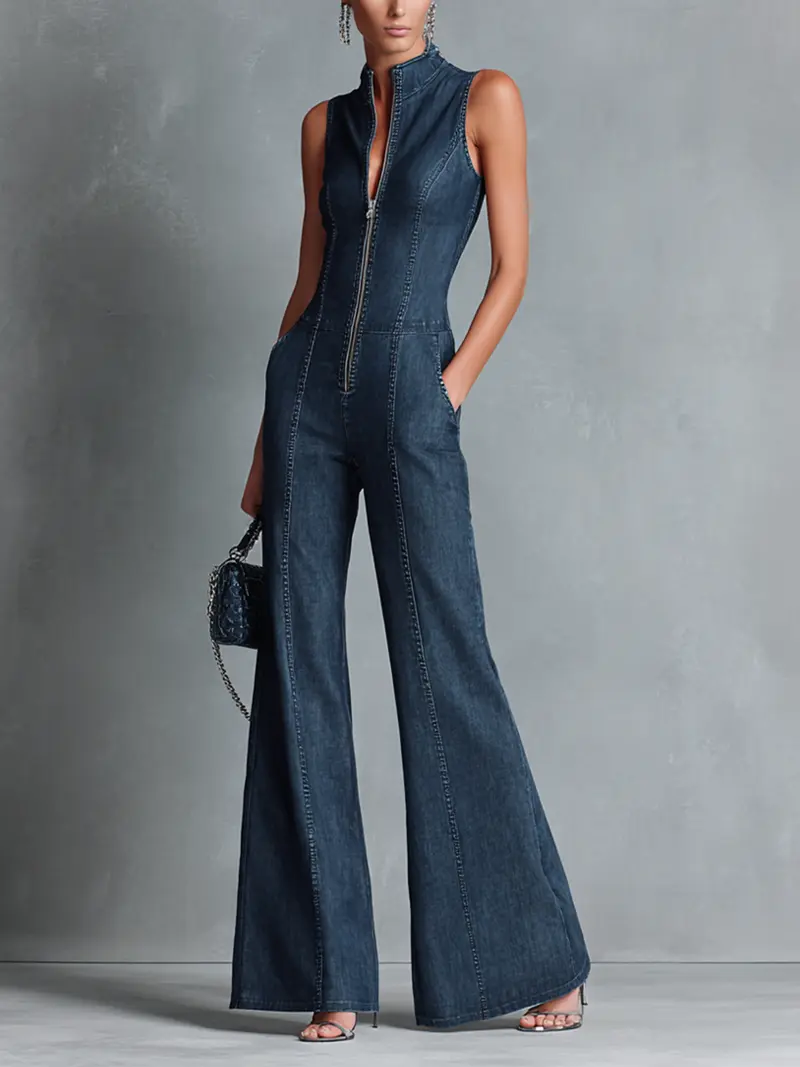 Remi™ | Denim High-Neck Flared Jumpsuit