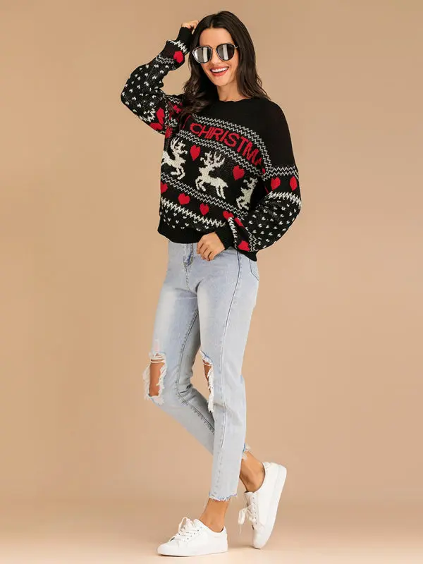 Rentier Jacquard Strick Weihnachts Pullover
