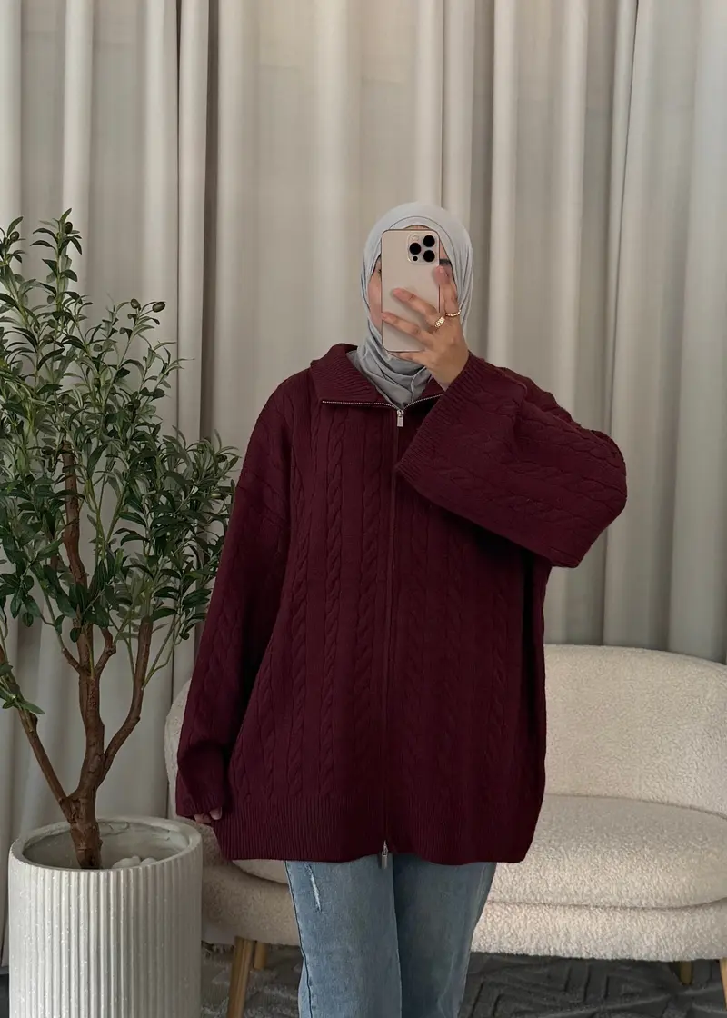 RIMA CABLE ZIP KNIT BURGUNDY