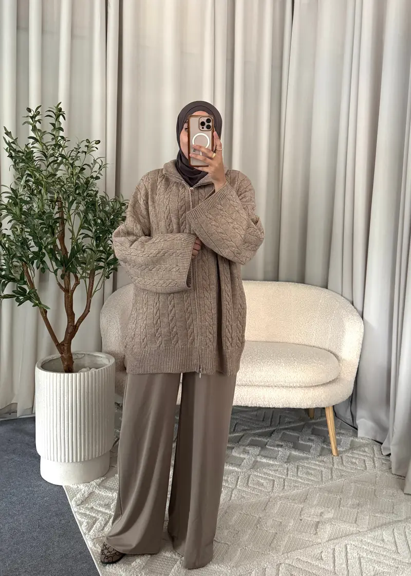 RIMA CABLE ZIP KNIT TAUPE