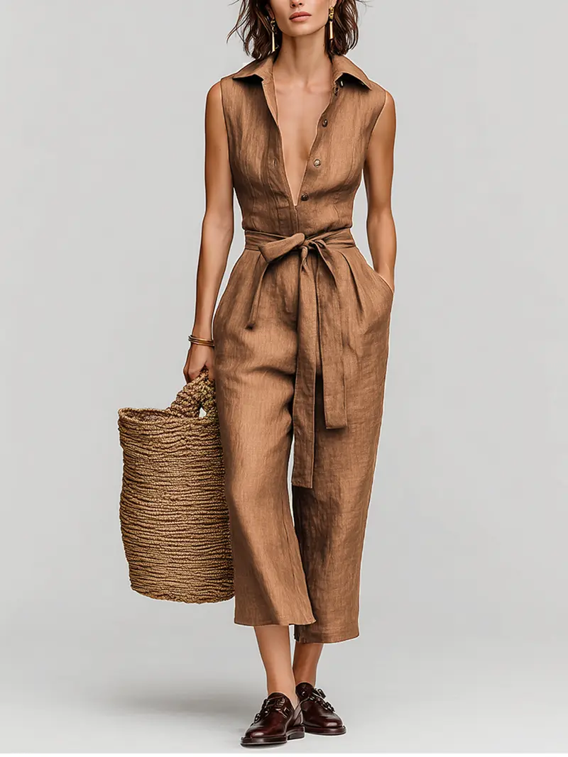 Rosamira™ | Tobacco Brown Linen Collared V-Neck Jumpsuit