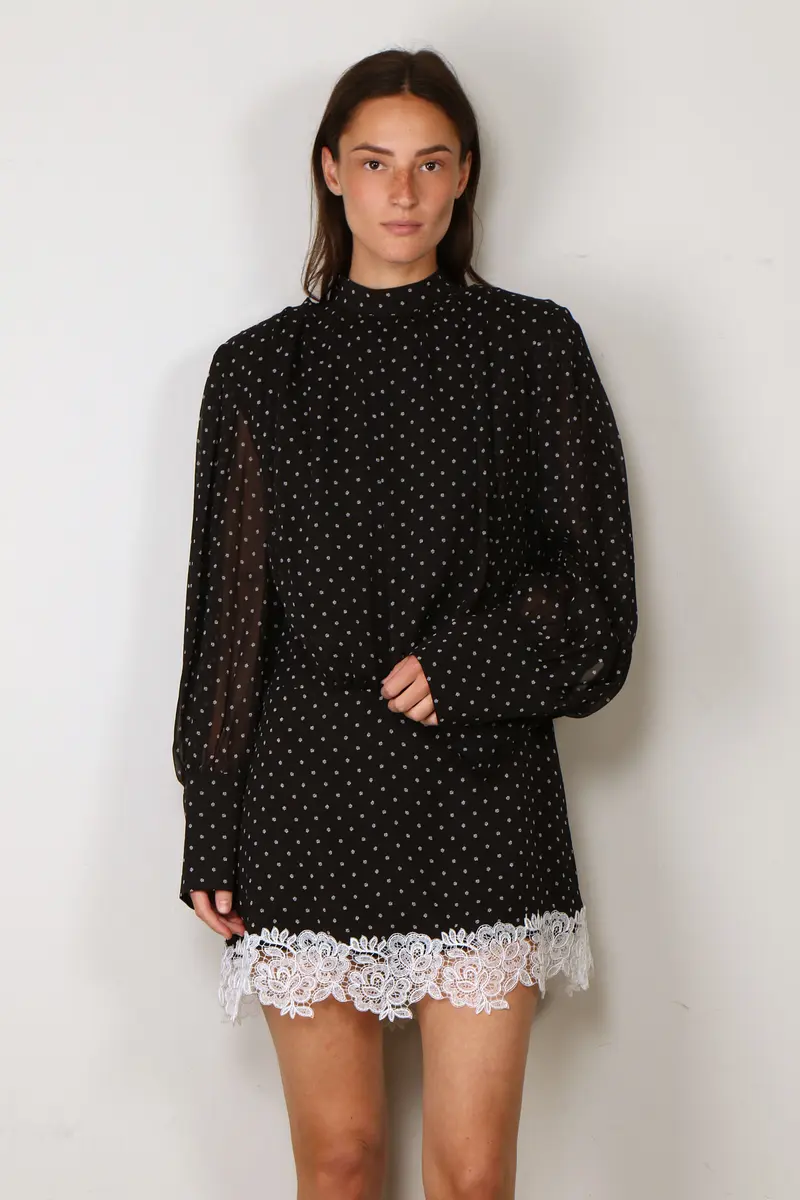 Rotate - Jurk - Minidress Ls Lace Detail - Black Comb