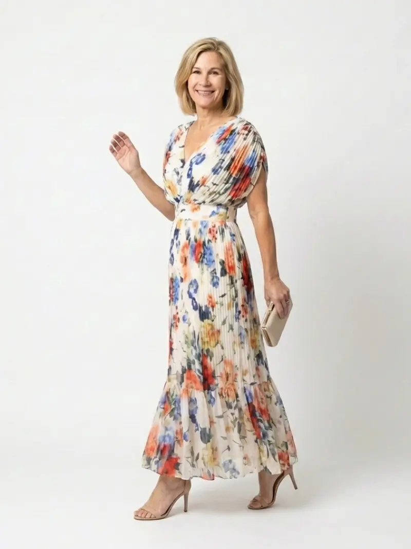 Savannah | Kurzes, ärmelloses, plissiertes Midi-Kleid