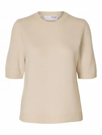 Selected cille 2/4 knit O-neck wool cashmere birch melange top