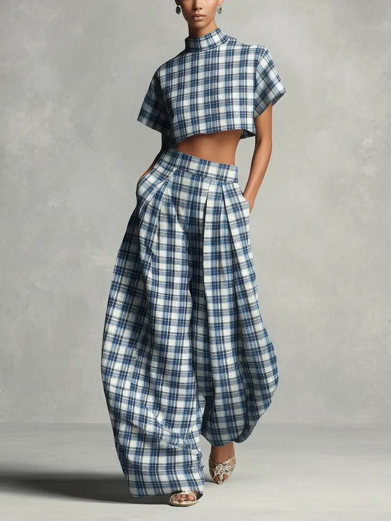 Selora™ | Bold Cotton Blue & White Plaid Cropped Top & Lantern Wide-Leg Pants Set