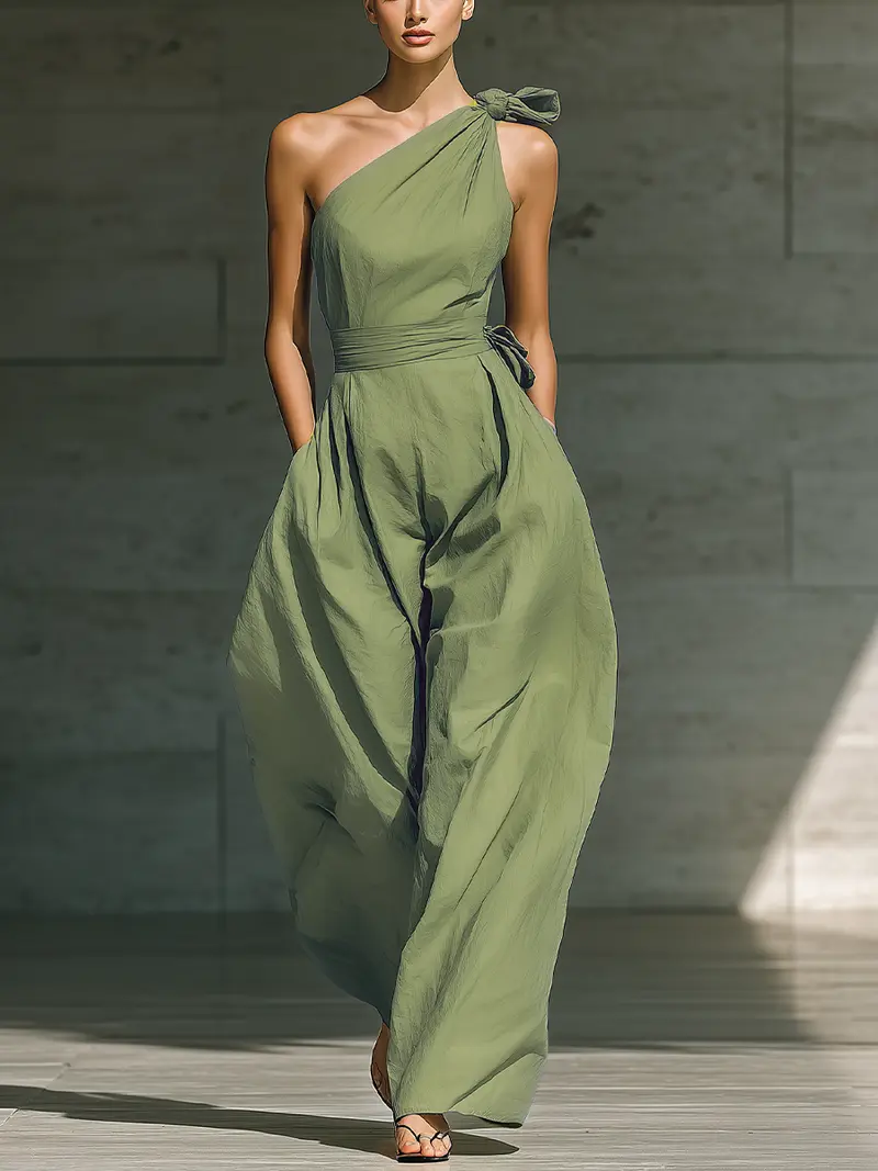 Senna™ | Light Green One-Shoulder Wide-Leg Jumpsuit