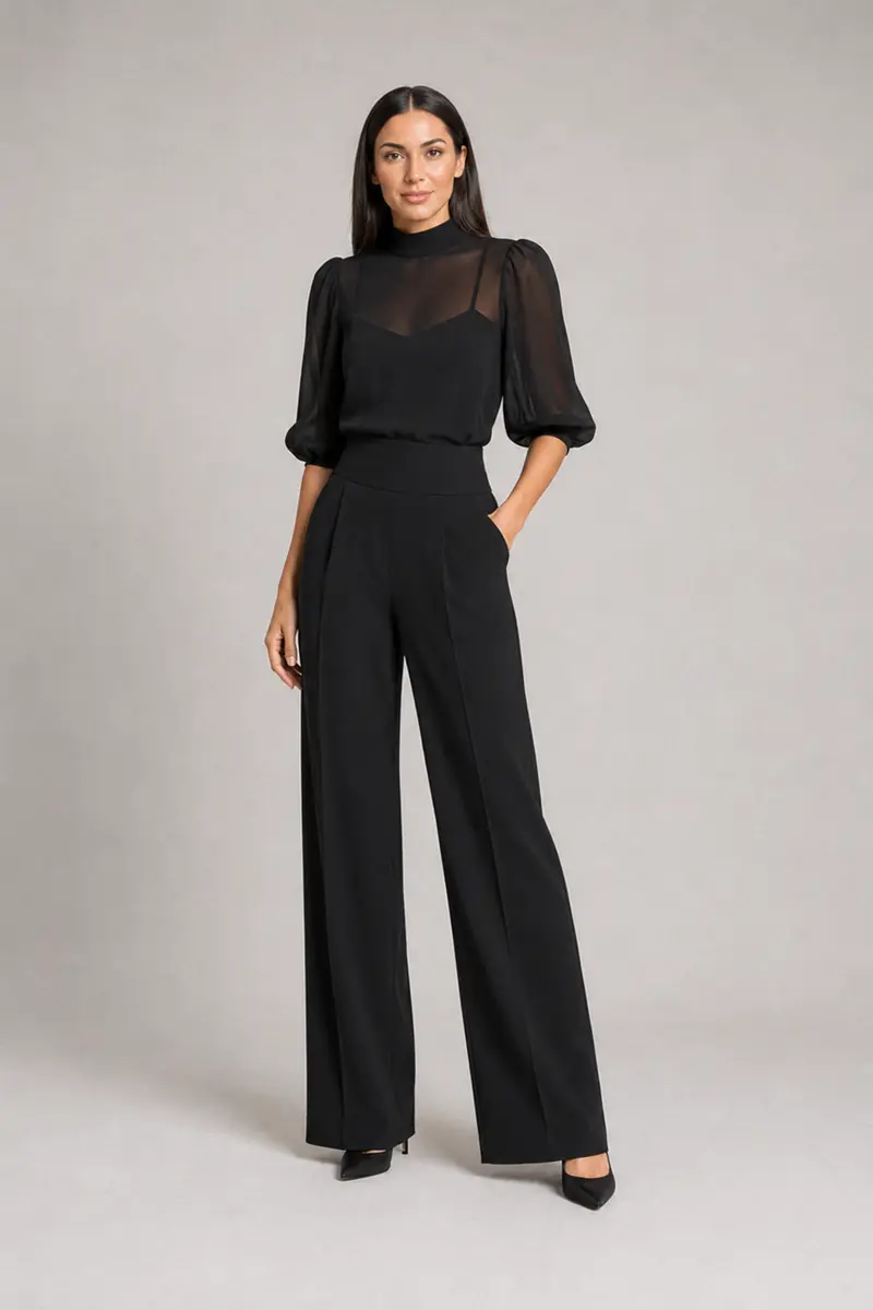 Sheer-Layer Three-Piece Trouser Set