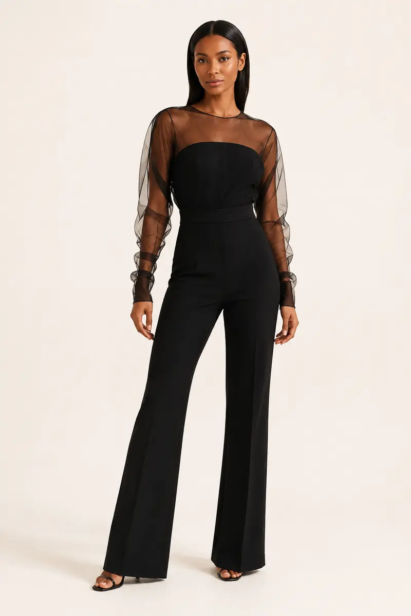Sheer-Sleeve Wide-Leg Jumpsuit