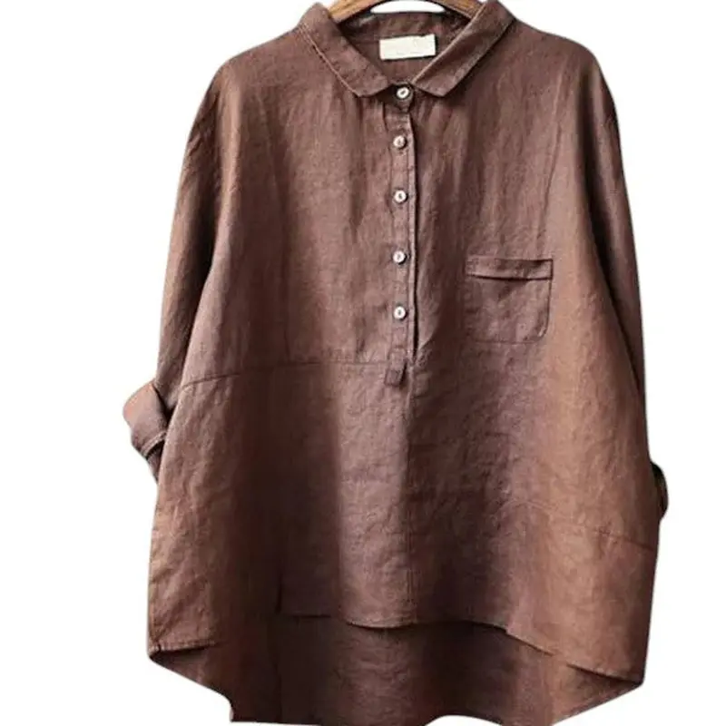 Shirt Women Cotton-Linen Long Sleeve Lapel Neck Relaxed Fit Solid Colour