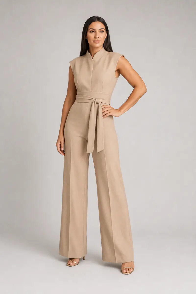 Sleeveless High-Collar Belted Jumpsuit