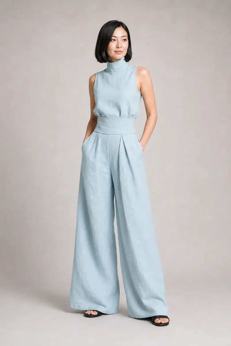Sleeveless High-Neck Wide-Leg Set